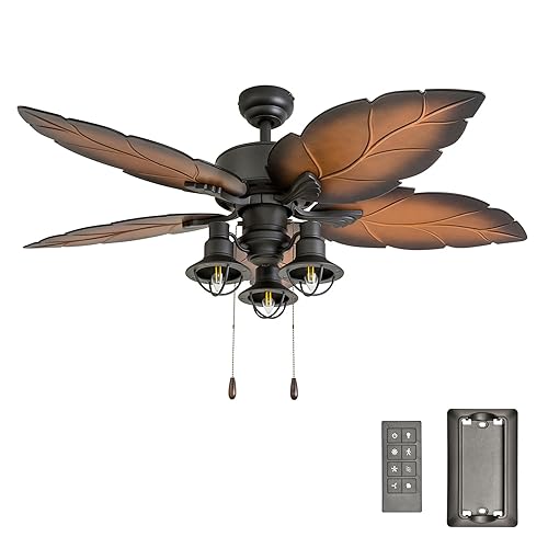 Prominence Home Ocean Crest, 52 Inch Tropical Indoor Outdoor Ceiling Fan with Light, Remote Control, Three Mounting Options, Weather Resistant Palm Leaf Blades - 50759-01 (Bronze)
