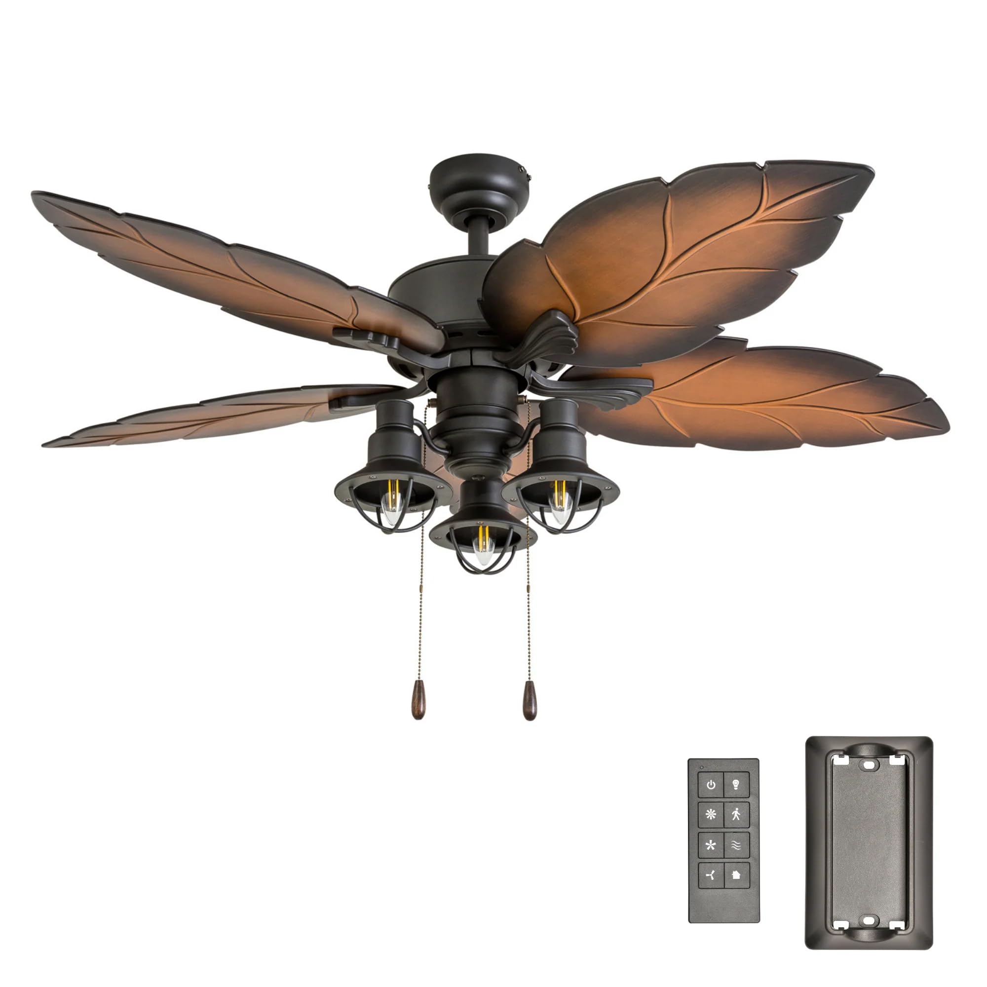 Prominence Home Ocean Crest, 52 Inch Tropical Indoor Outdoor Ceiling Fan with Light, Remote Control, Three Mounting Options, Weather Resistant Palm Leaf Blades - 50759-01 (Bronze)