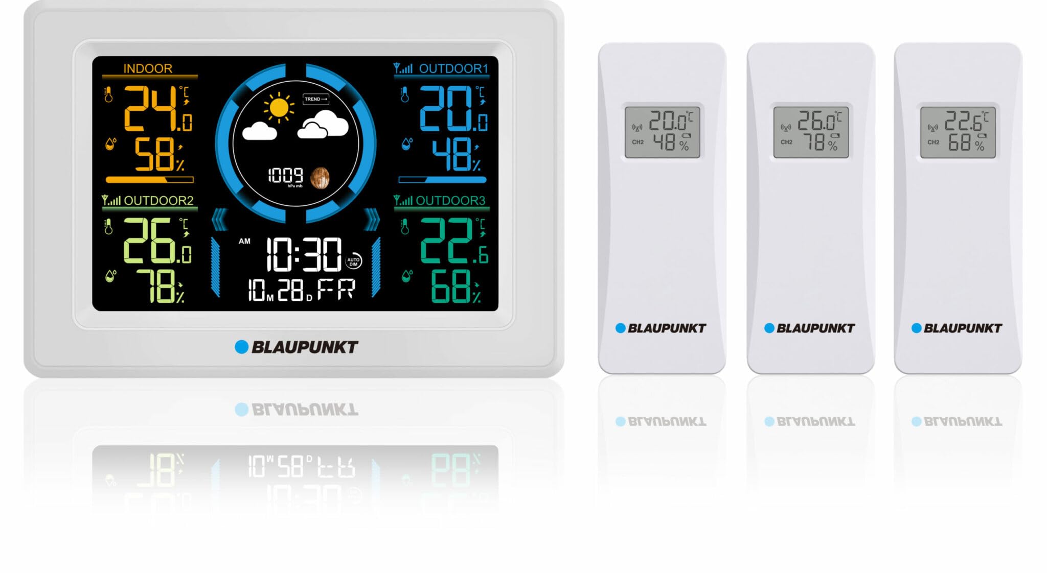 Atas view of Blaupunkt WS40WH Weather Station showing control buttons