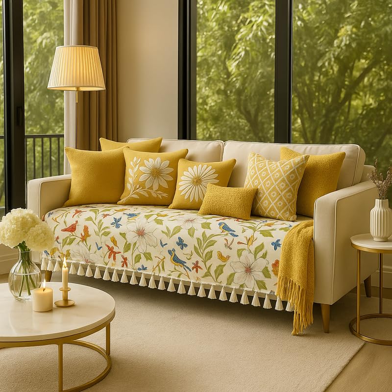 Bird Floral Sofa Cover Tassel Sofa Throw 3+1+1 Seater|ThrowPillow Sofa Cover with Tassels|Aesthetic 5 Seater Couch Cover Fully Covered |Seat & Back Slipcover Set of 3 for Living Room | Diwali Decor