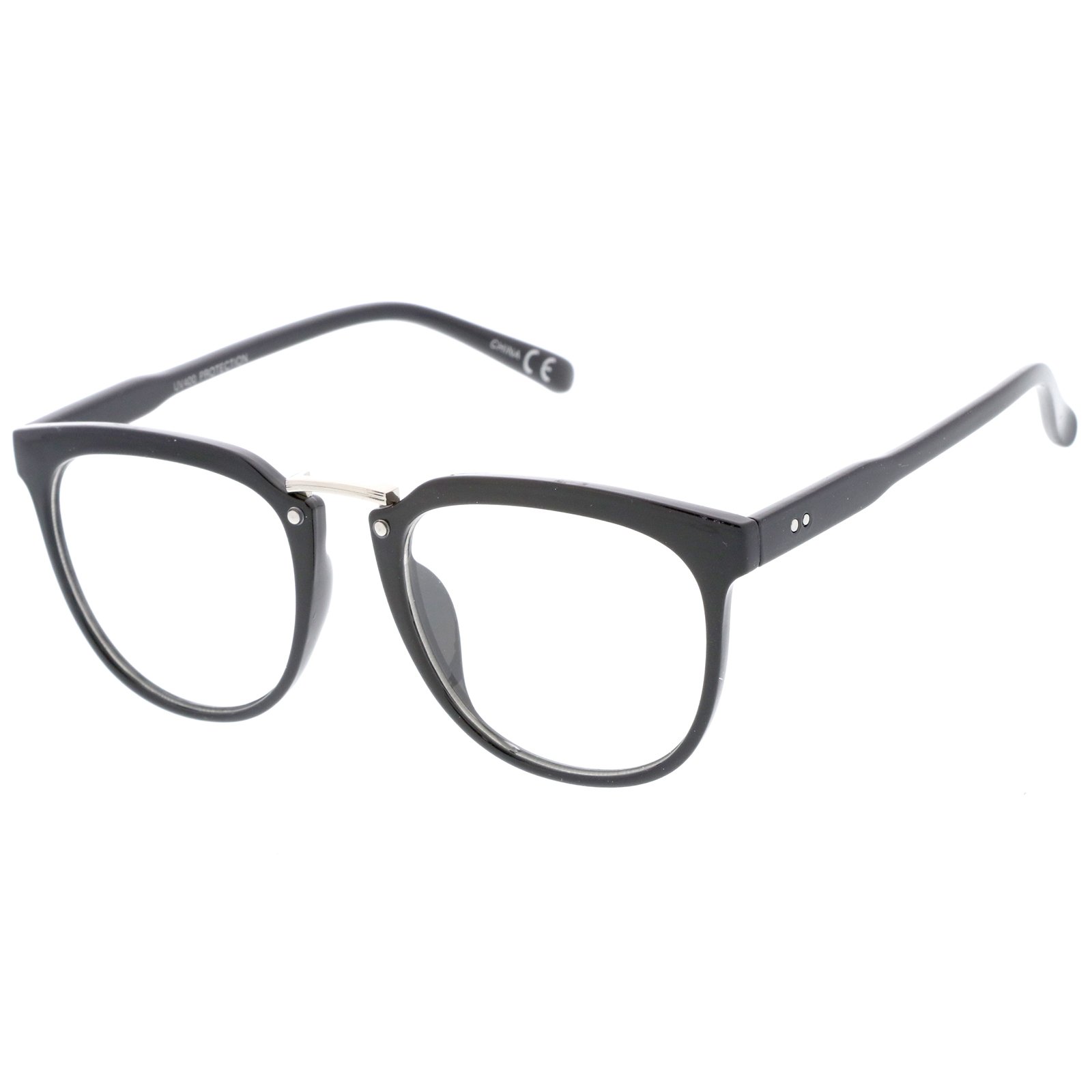 zeroUV Classic Metal Bridge Square Flat Clear Lens Horn Rimmed Eyeglasses 55mm (Black-Silver/Clear)