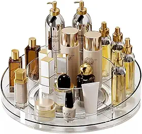 Organizador de Maquiagem Giratório 360° em Acrílico Transparente - Prateleiras Ajustáveis para Cosméticos, Batons e Cuidados com a Pele - Ideal para Penteadeiras