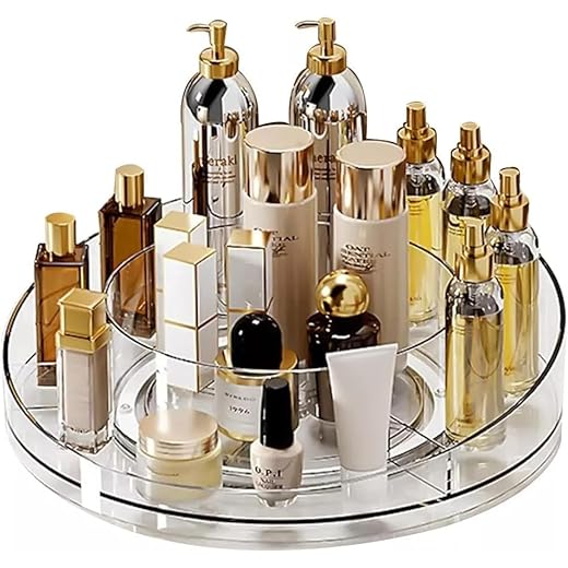 Organizador de Maquiagem Giratório 360° em Acrílico Transparente - Prateleiras Ajustáveis para Cosméticos, Batons e Cuidados com a Pele - Ideal para Penteadeiras