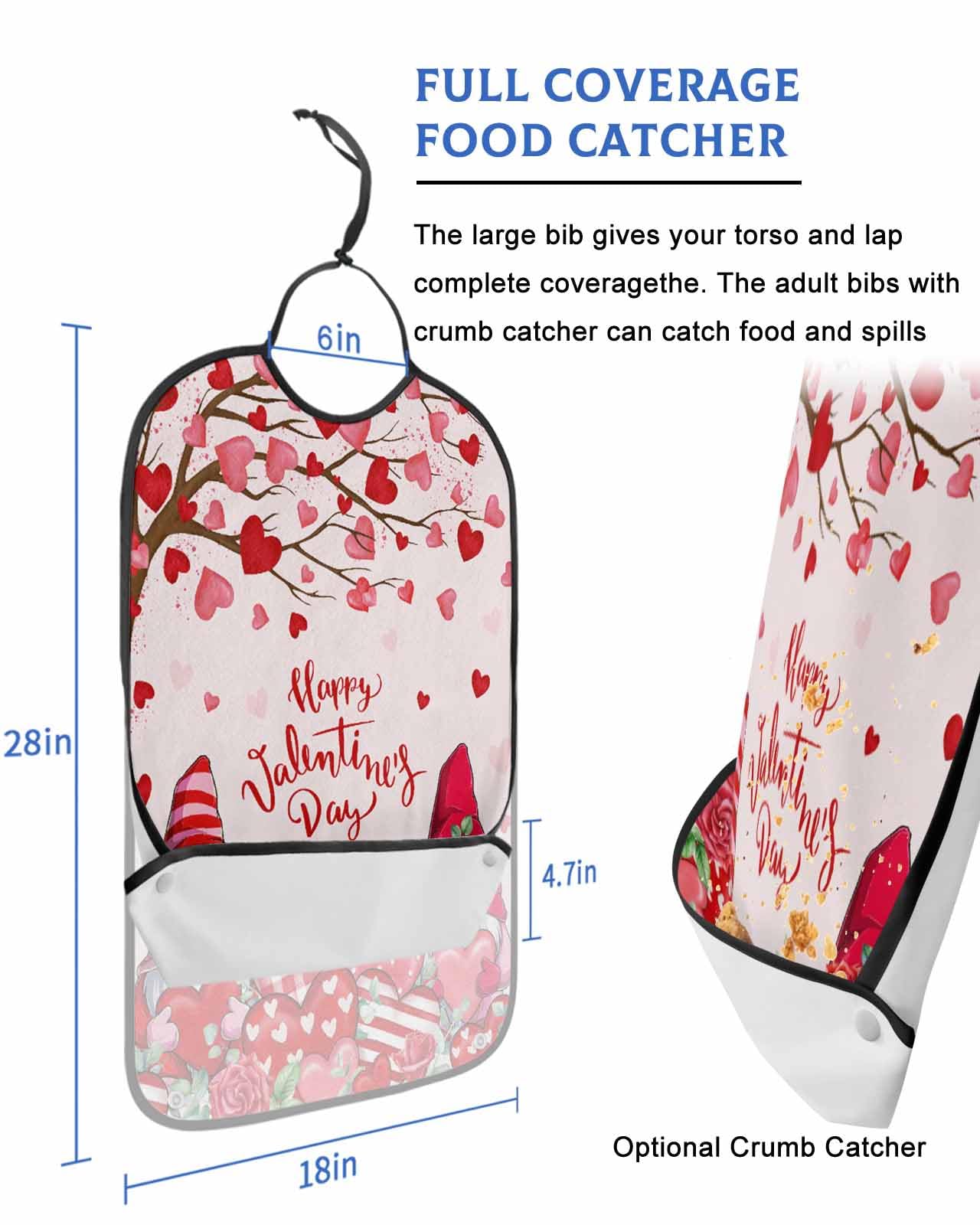 LEOKOTI Valentines Gnomes Adult Bibs for Eating, Waterproof Bibs with Food Catcher & Adjustable Snap Closure, Red Love Heart Tree Floral Pink Washable Clothing Protectors Adult Bibs for Elderly