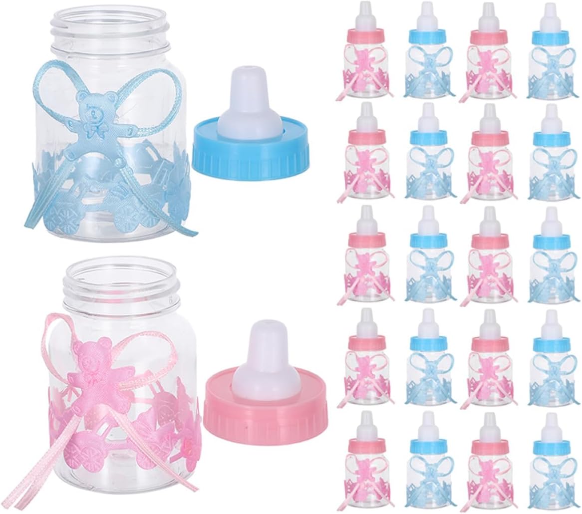 24pcs Shower Candy Jars with Ribbon, Refillable Milk Bottle Candy Boxes for Birthday Party Favors, Pink and Blue Feeding Bottle Containers for Newborn