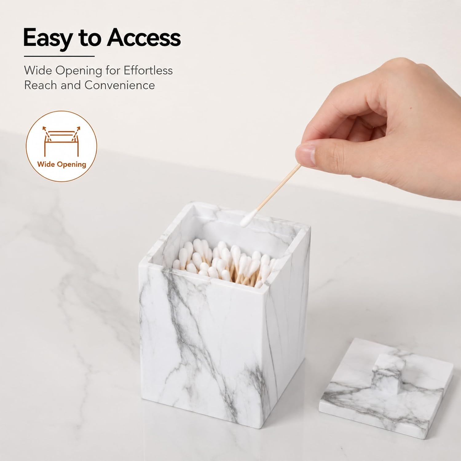 2-Pack Marble Pattern Cotton Swab Holders with Lids, Resin Bathroom Vanity Storage Jars, Square Qtip Containers for Cotton Balls, Pads, and More (White)