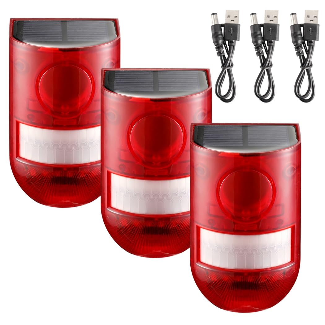 Luz de sirena de seguridad impermeable al aire última intervensión, luces de alarma solares con detector de movimiento, 3 piezas, 6 luces LED rojas intermitentes y sirena de 129 Db, 4 modos de luz de