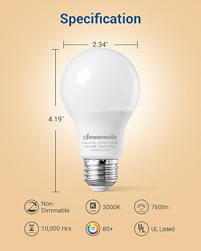 Vista 6 de DEWENWILS Paquete de 8 bombillas LED A19, 760 LM, bombillas cálidas de 3000 K, bombilla LED E26 de ahorro de energía de 60 vatios, bombilla