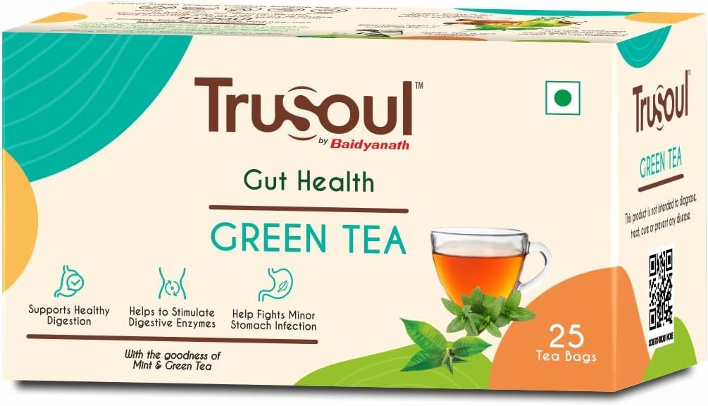 TruSoul By Baidyanath Green Tea for Natural Herbal Gut Health, Blended With Mint,Enriched With Antioxidants, Promotes Healthy Digestive System, Nourishing Herbal Kadha (25 bags) 38 gm