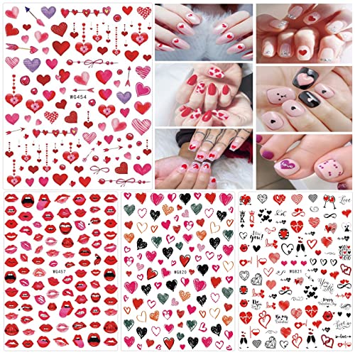 Loveourhome 12 Sheet Valentine Nail Stickers Decals Heart Letter Flower Nails Art Sticker Black Red Fingernails Tattoo Wrap Manicure Decorations #TOP1