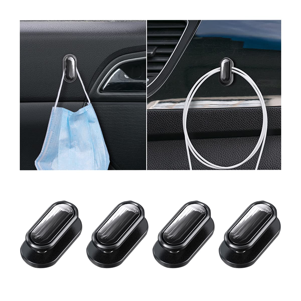 AICEL 4 Pcs Car Mini Hook, Multifunctional Auto Adhesive Backseat Hangers, Vehicle Sticker Hooks on Dashboard for Keys, Mask, Earphone, Charging Cable, Universal Car Accessories (Black)
