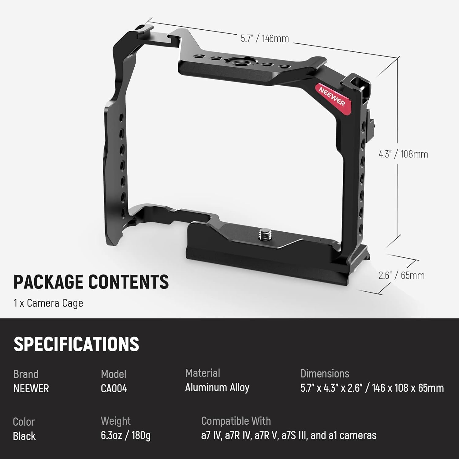 NEEWER Full Camera Cage Compatible with Sony a7R V/a7R IV/a7 IV/a7S III/a1, Aluminum Video Camera Rig with Full Access/Arca Type QR Base for Quick Switch, Compatible with DJI RS Stabilizers, CA004