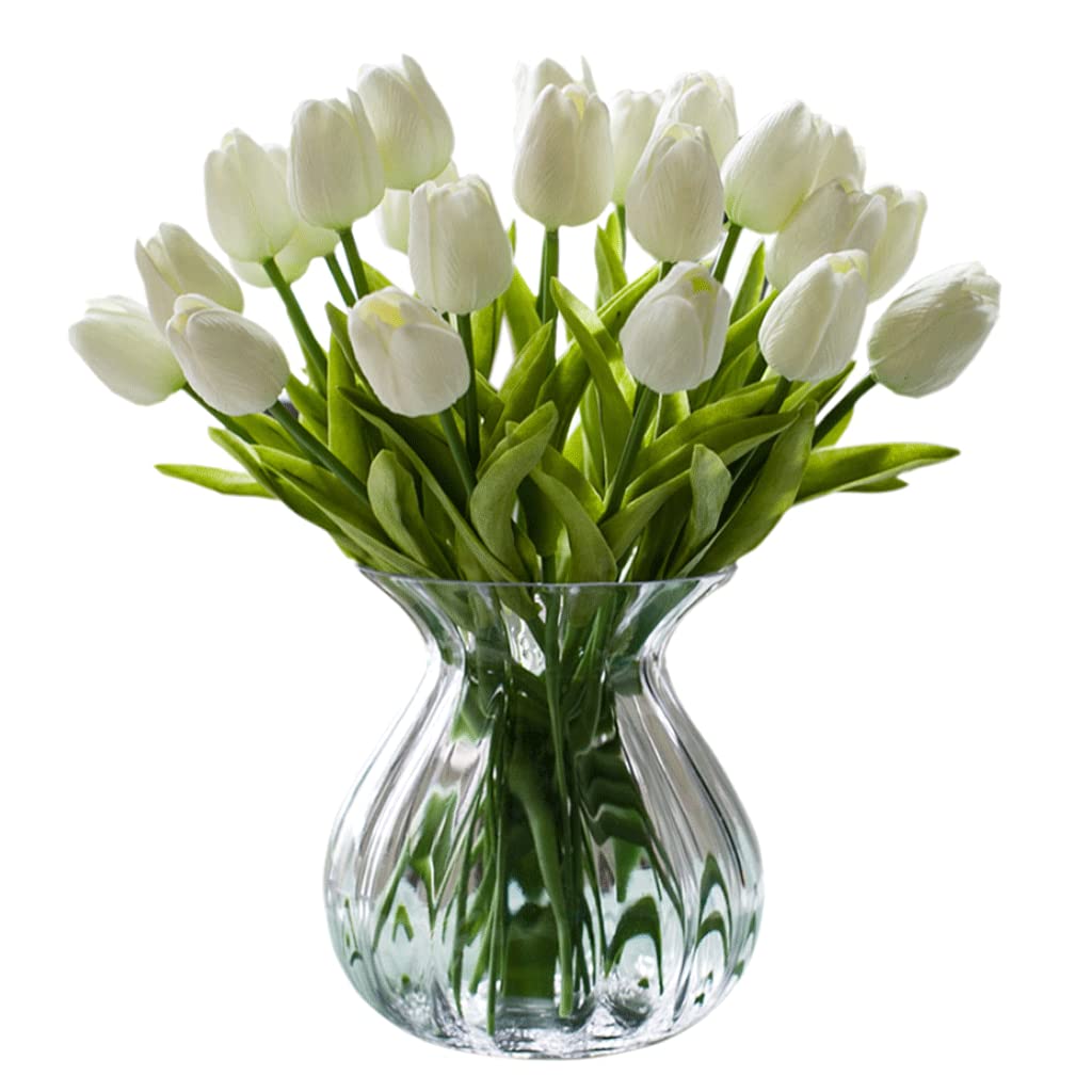 MYUYEE Artificial Flowers For Decoration 28 Pieces Tulips Artificial Flowers In Vase Fake Tulips Arrangements With Vase For Home Wedding Decoration, Dining Table Artificial Flow