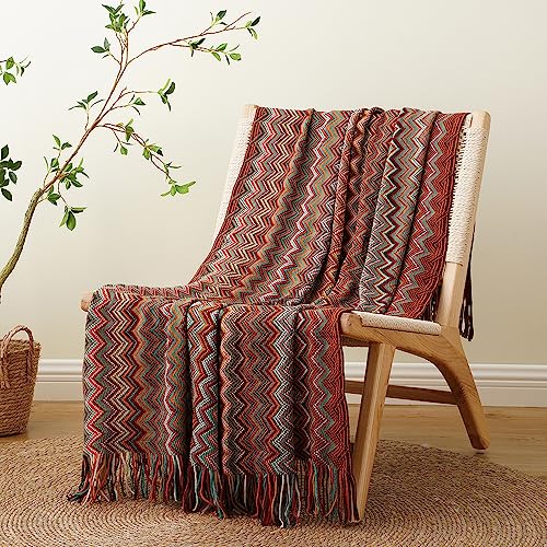 Battilo Home Boho Blanket For Couch, Rust Red Knit Throw Blanket For Bed Sofa, Lightweight Bohemian Throw Blanket With Tassel, Soft Cozy Boho Blankets, 50"X60" (Dust Red) #TOP1
