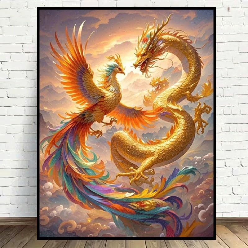 Tableau dragon et phénix 20x30 cm encadré pour décoration de salon chic