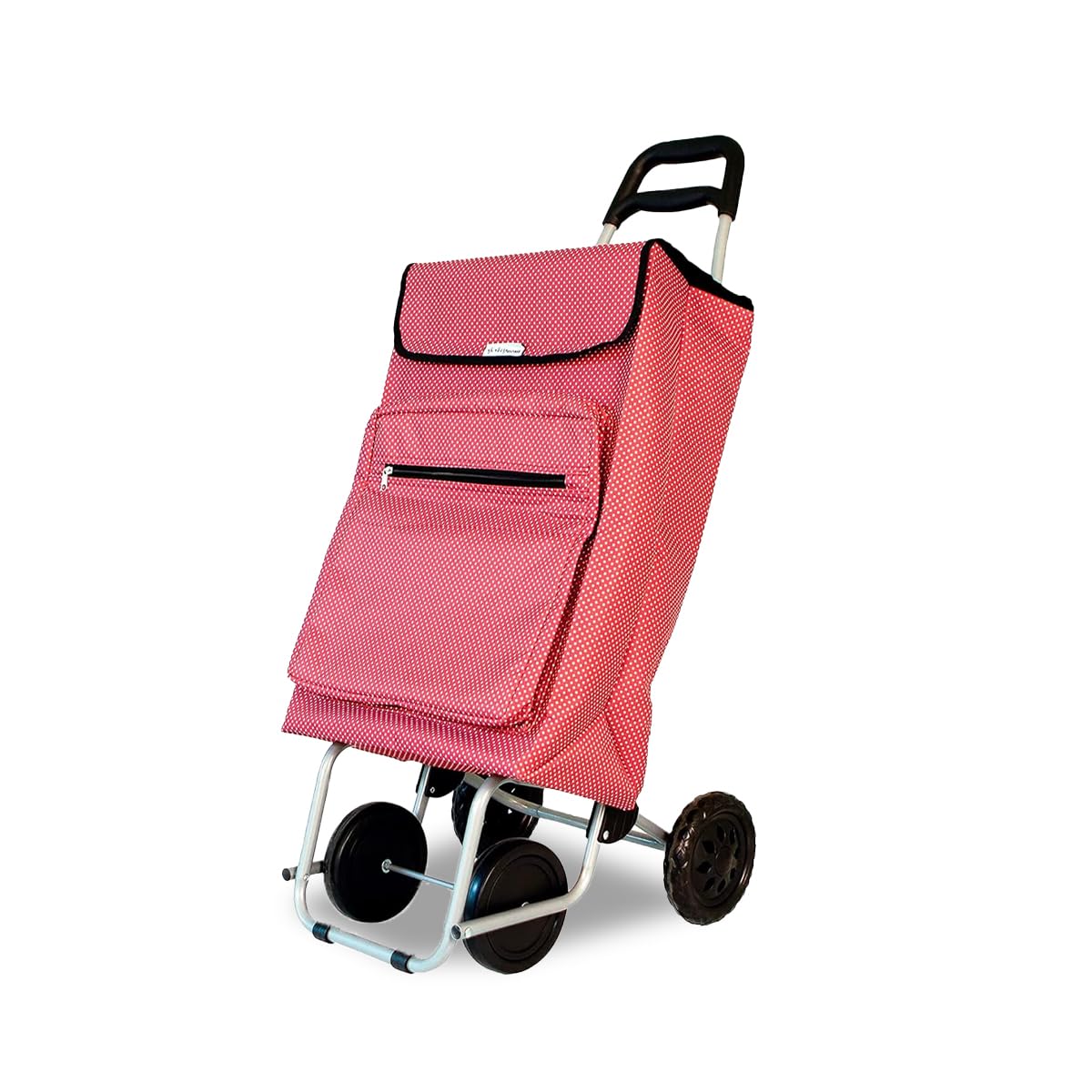 Amig - Carro de la Compra de 4 Ruedas - Bolsillo Exterior para Congelados - Carga Máxima 15kg - Capacidad de 48 litros - 22x40x106 cm - Rojo con Lunares Blancos