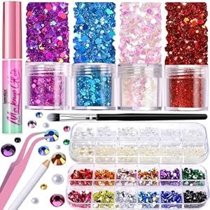 Teenitor Face Glitter with Face Gems Face Glue for Women, Face Pearls & Body Glitter Set for Makeup, Hair Glitter Face Jewels for Kids with Wax Pencil, Red Glitter Sparkles Rhinestones for Face