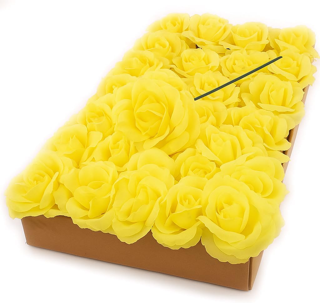 Larksilk Yellow Artificial Roses 50pcs, Real Touch Fabric Fake Flowers with Stems for Wedding Flowers and Table Centerpieces