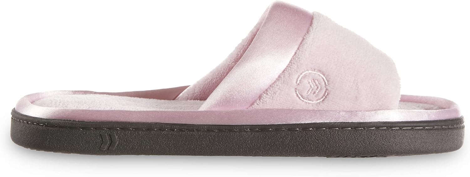 isotoner Women's Soft Microterry Wider Width Slide Slippers, with Satin Trim and Comfort Footbed 8.5-9 Wide Peony