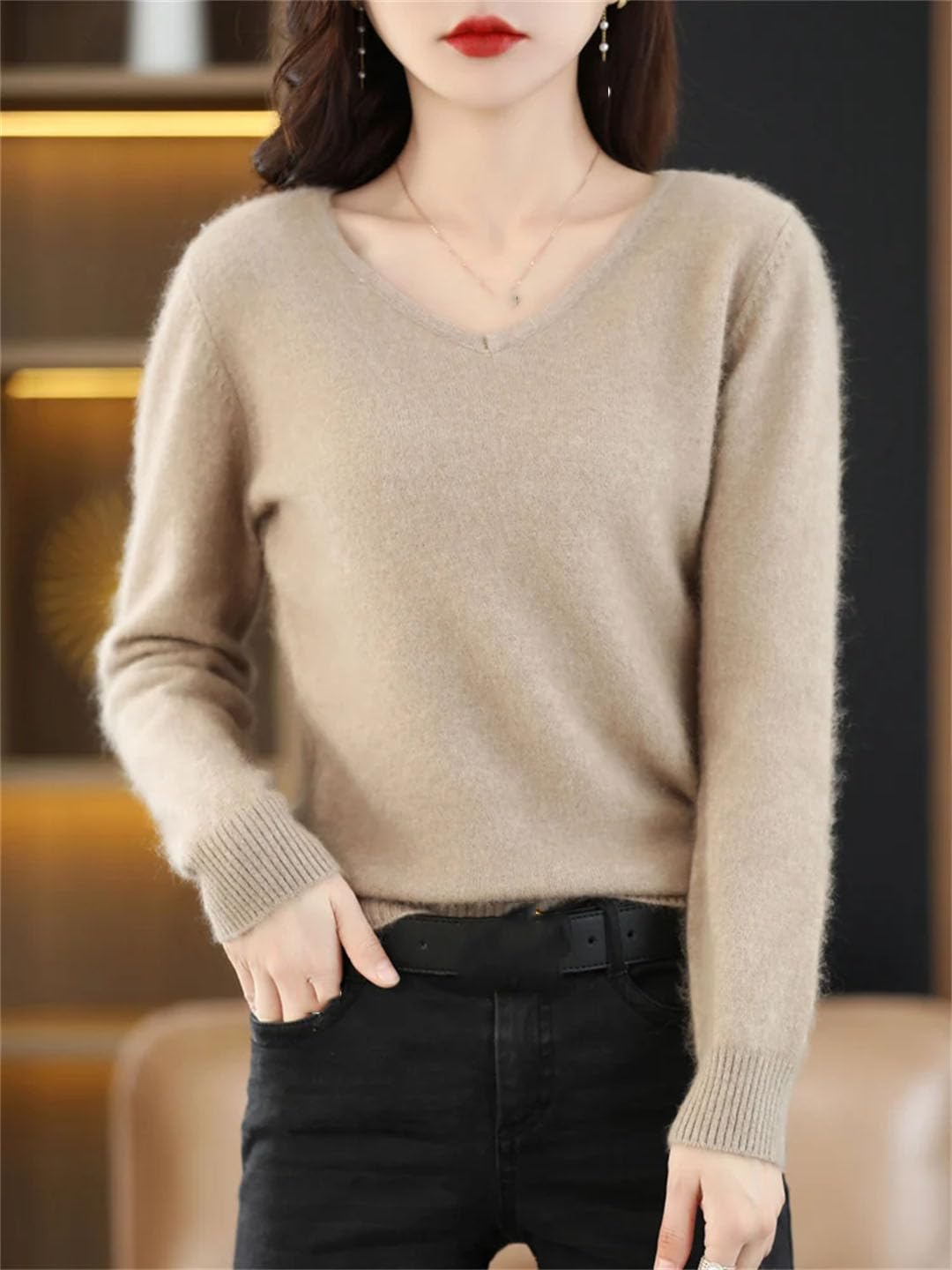 Maglione da donna caldo in cashmere con scollo a V, invernale, elastico, morbido, casual, basic