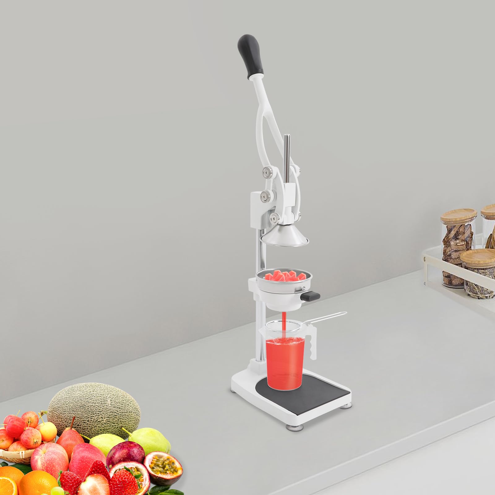 Manuelle Saftpresse Edelstahl, Zitruspresse Hebel, Obst Entsafter Profi, Doppel Presskopf Ohne Strom, Handentsafter Küche Zuhause Bar, 500ml Messbecher, Stabiler Stand, Leicht Reinigung