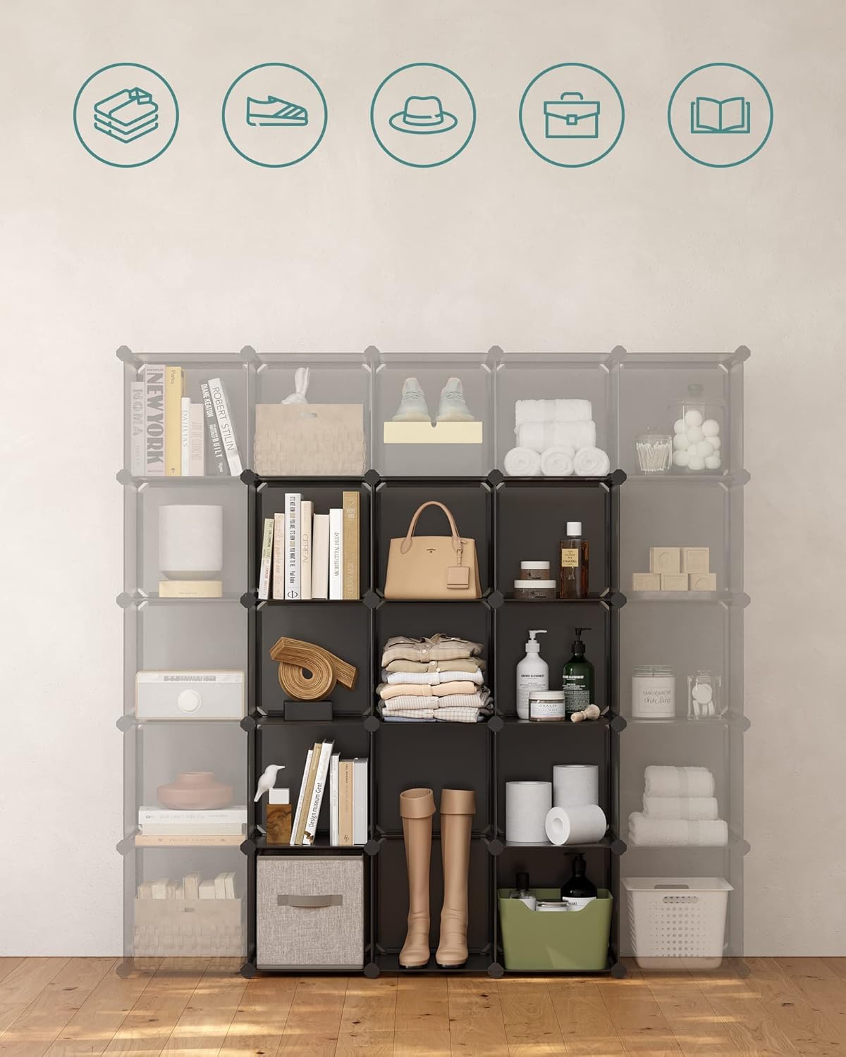 Organizzatore Modulare 16 Cubi per Armadio e Libreria - Scaffale Multiuso con Martello, Pannelli Impermeabili, Struttura Metallica Rinforzata - Ideale per Vestiti, Libri, Giocattoli (Grigio)