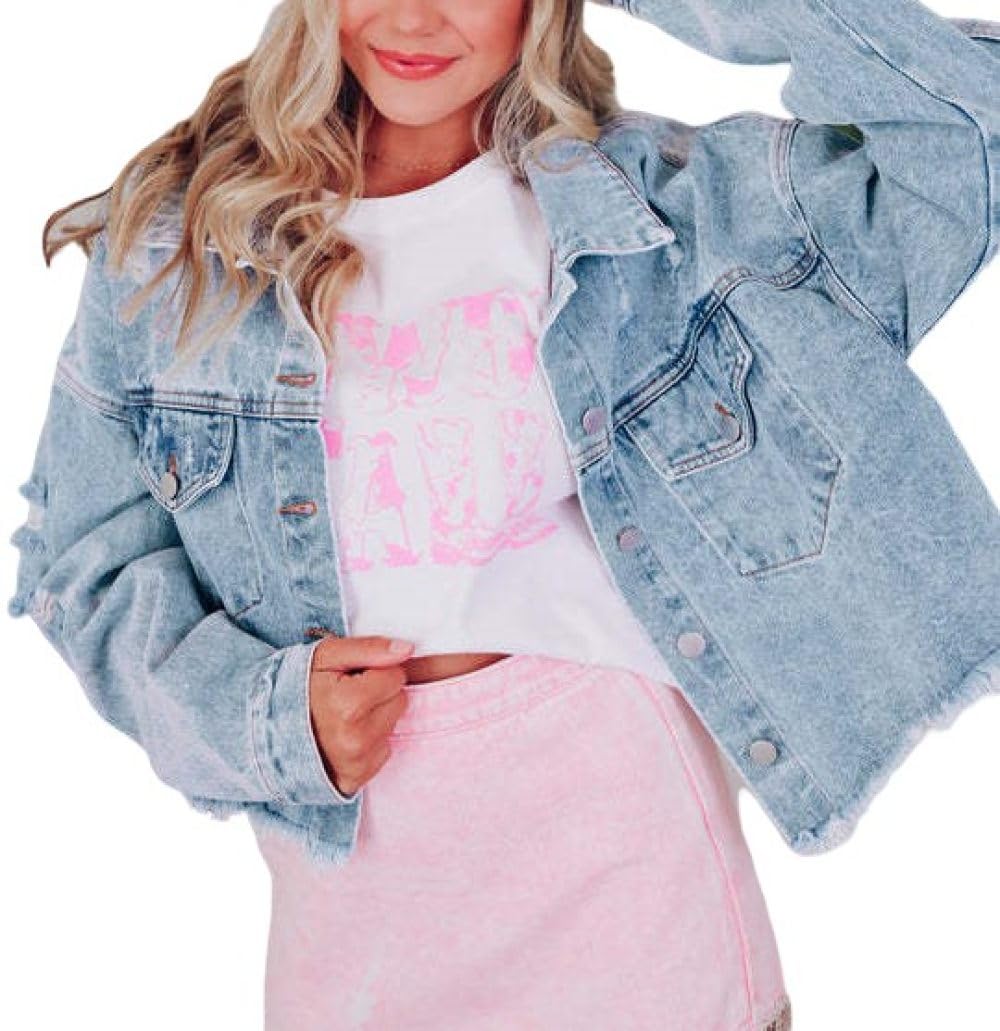 BROLEO Oberteile Damen,Vintage Denim Bluse Für Damen Mit Tasche Quaste Langarm Shirts Stern Strass Tops Eleganter Mantel Bluse T Shirt Jacke Lockere Bluse Tunika Sweatshirt Tops Für Damen