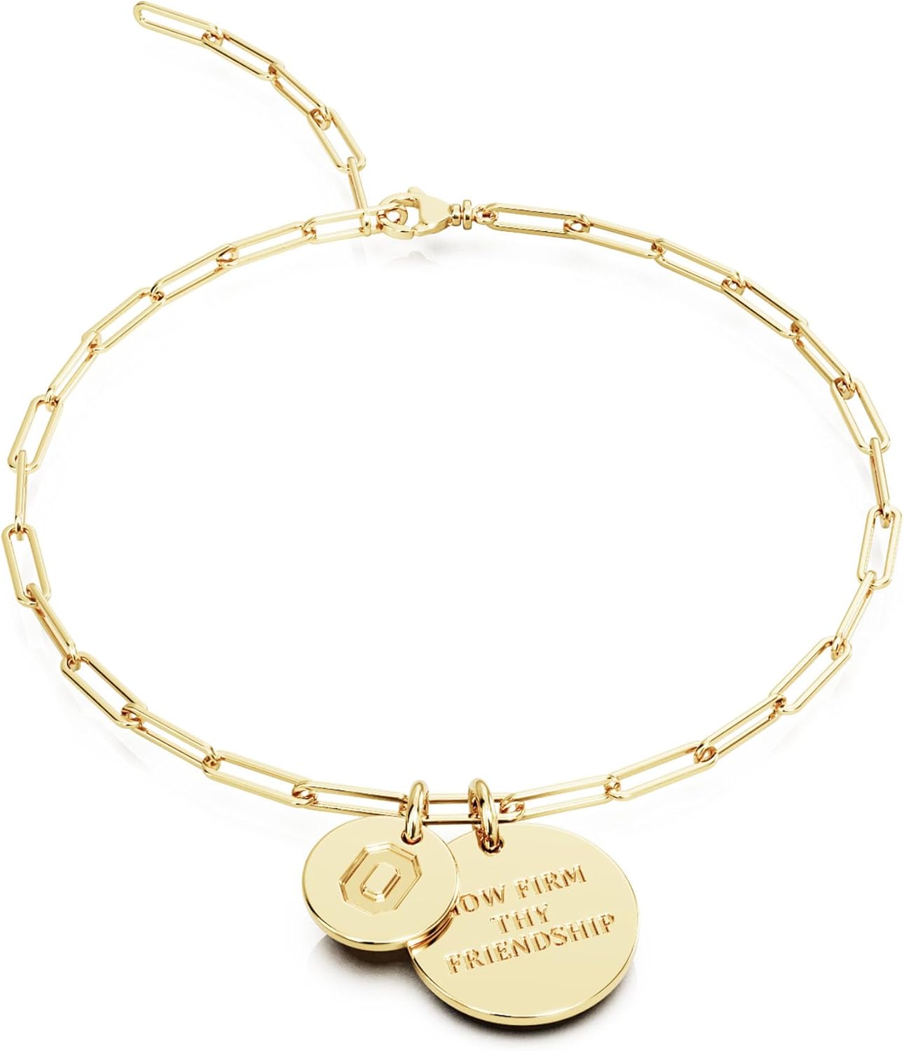 Stone Armory Bracelet for Ohio State University – OSU Buckeyes Jewelry - Paperclip Chain 18K Gold Finish Stainless Steel, Block O Logo + HOW FIRM THY FRIENDSHIP.- Adjustable up to 9in, Gift Pouch