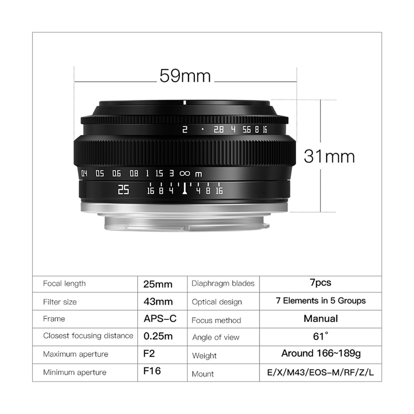 Compatibile con Fuji XF, Obiettivo APS-C MF 25mm F2