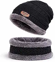 Conjunto de Touca Gorro e Gola Cachecol Forrado, Unissex, para Frio de Inverno, com Forro de Pelúcia Macia (Preto)