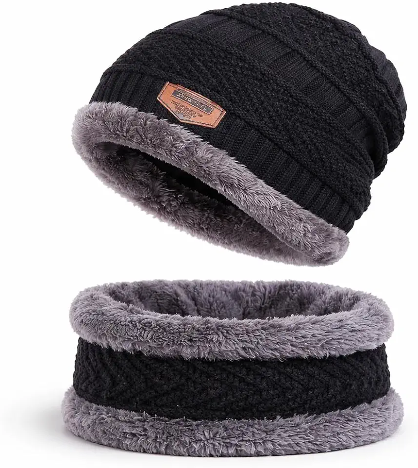 Conjunto de Touca Gorro e Gola Cachecol Forrado, Unissex, para Frio de Inverno, com Forro de Pelúcia Macia (Preto)