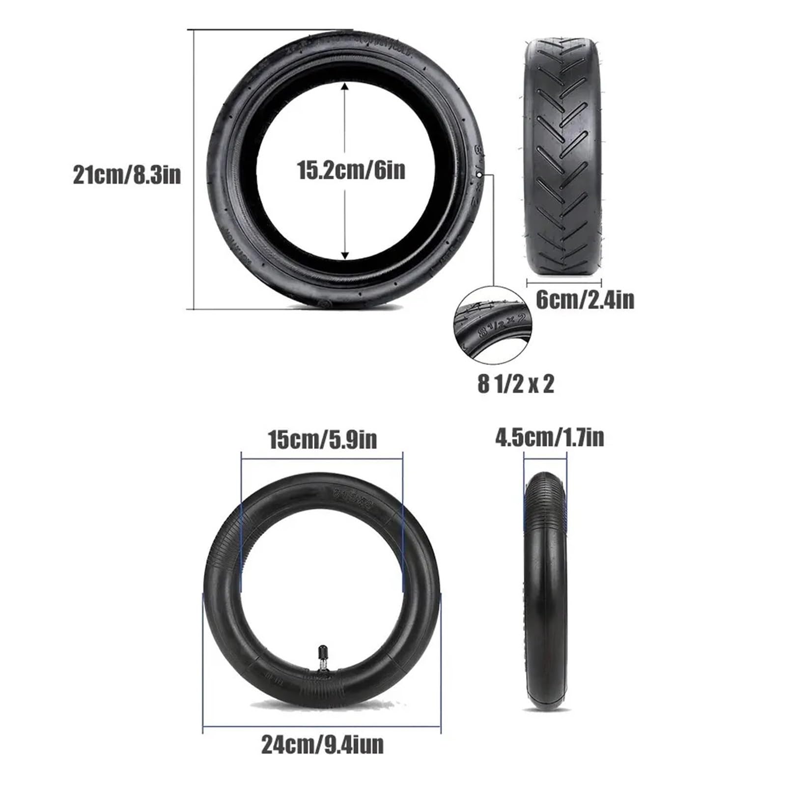 Camera d'Aria per Monopattino Elettrico Pneumatico esterno da 8,5" e camera d'aria for scooter elettrico, pneumatici in gomma gonfiabili di ricambio for ruote anteriori e posteriori(2pcs Outer Tire)