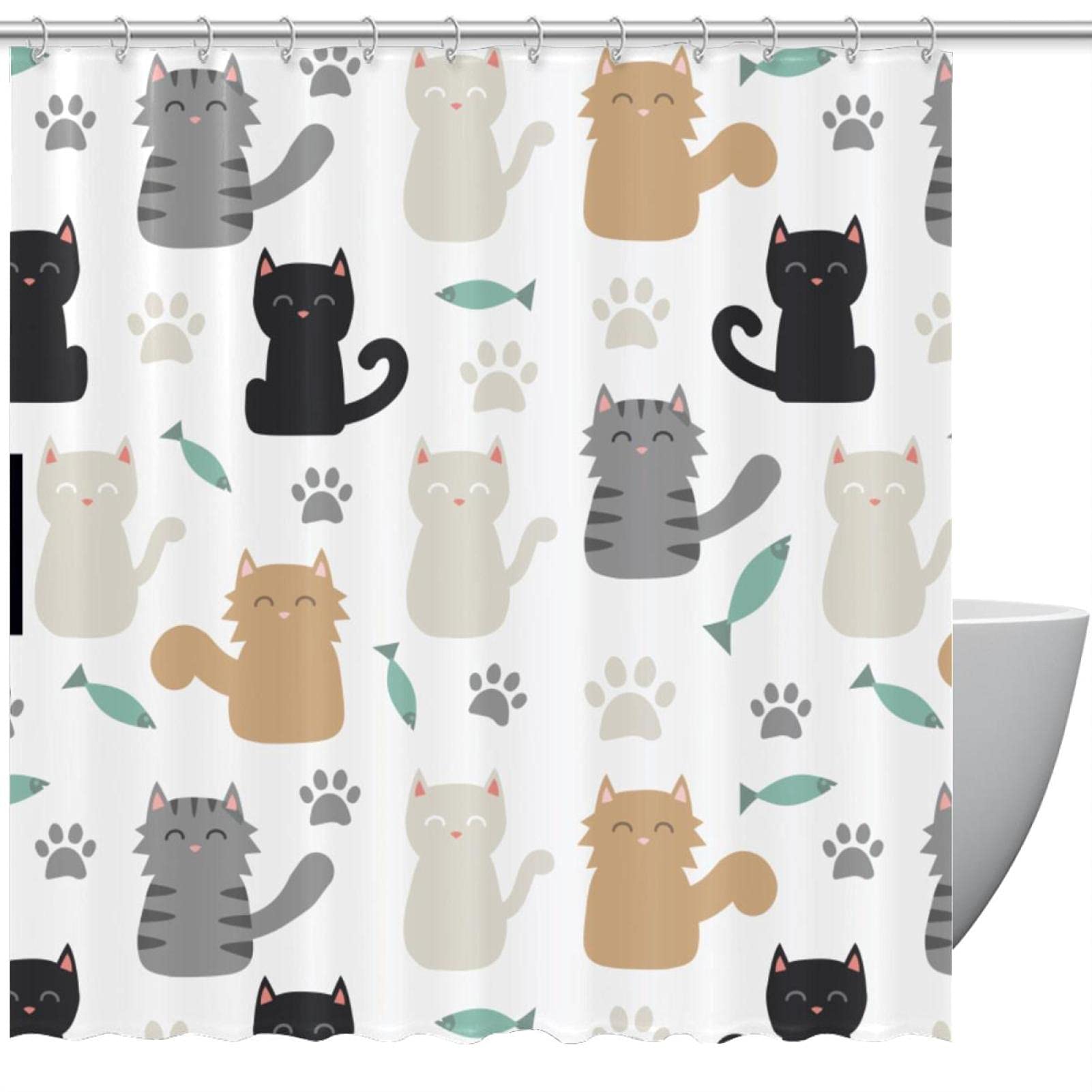 Rideau de douche imperméable motifs pattes de chat et poisson 183x183 cm