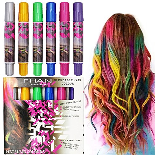 6 Sticks Hair Chalk Pens, Metallic Glitter Temporary Hair Dye Pastel, Edge Chalks, Non-Toxic, Color No Mess for All Hair