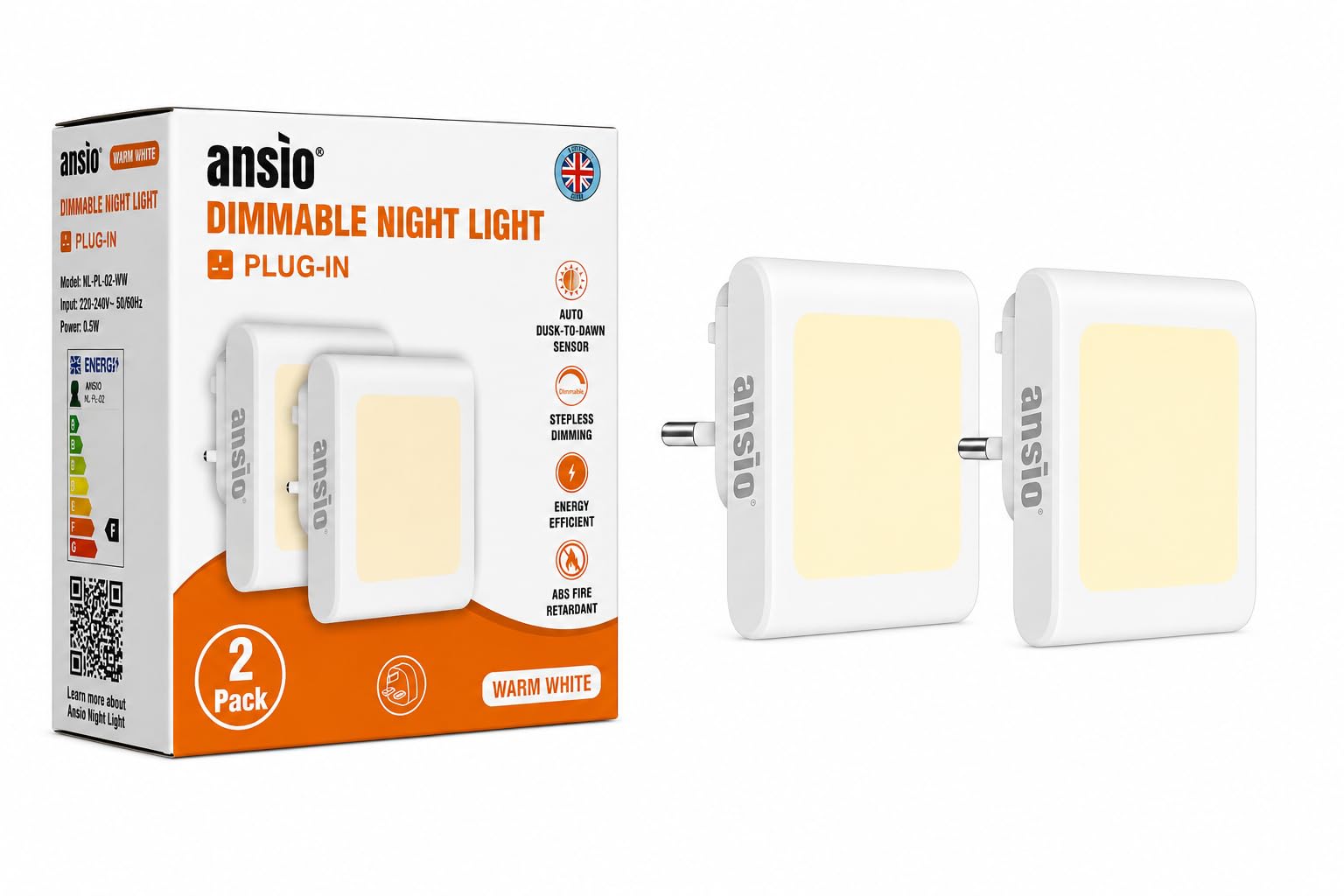 ANSIO Night Light Plug in Wall,Stepless Dimmable Night Lights with Dusk to Dawn Sensor, Warm White