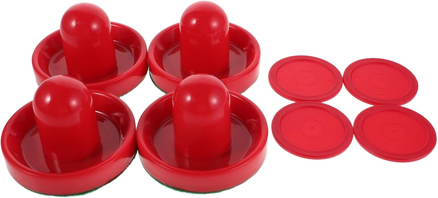 SUPVOX Air Hockey Paddles and Pucks Set 96mm Red Plastic Pushers with 4 Indoor Slider Pucks for Game Table Equipment and Air Hockey Table Accessories