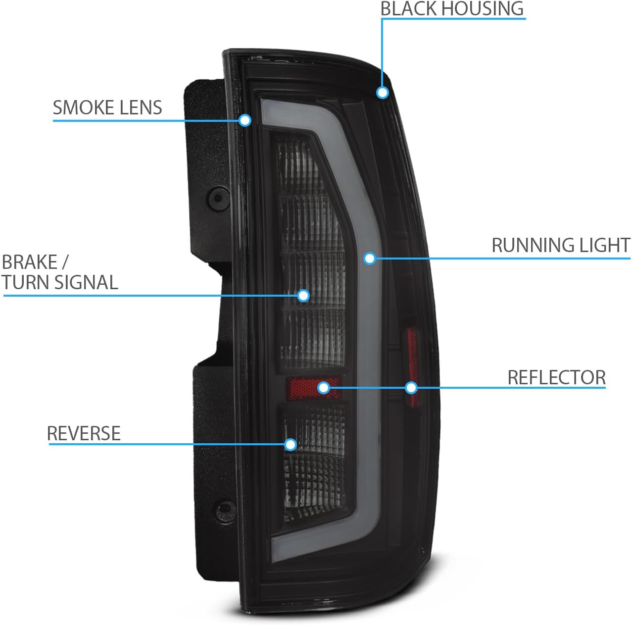 AmeriLite for 2007-2014 GMC Chevy Tahoe Suburban Yukon XL Denali [Full LED] Dark Black C-Type Tube Replacement Tail Lights Set - Passenger and Driver Side