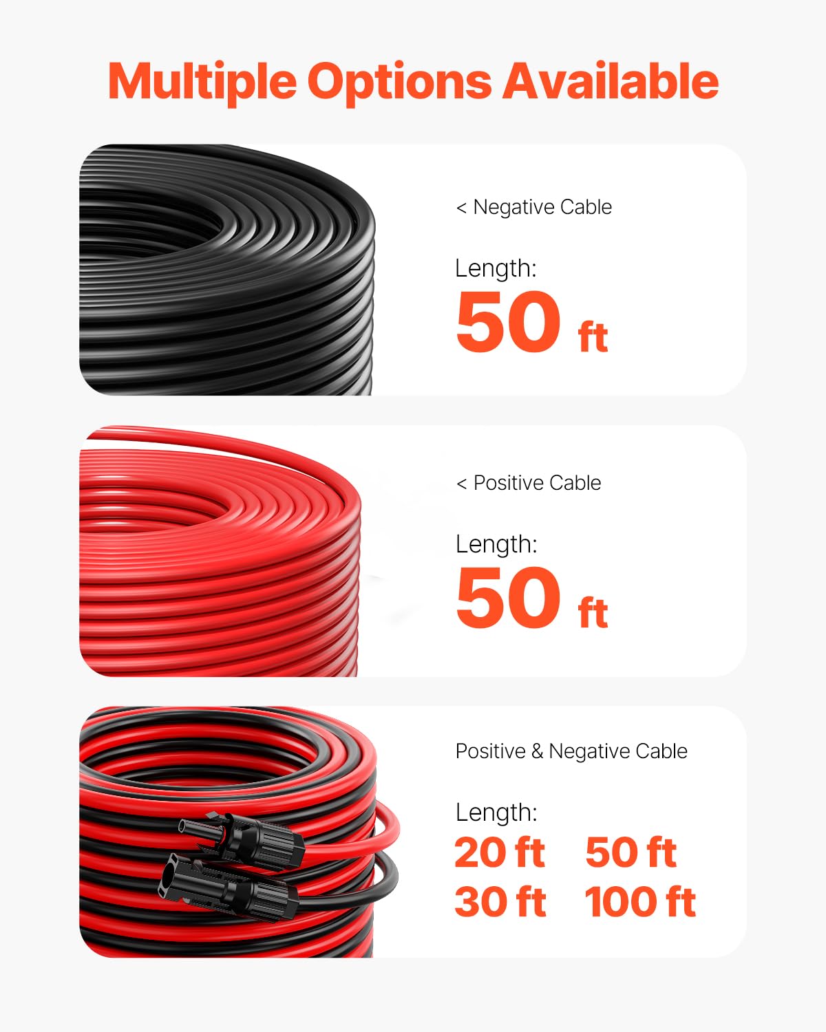 VEVOR 2 PCS Cable de Extensión para Panel Solar de 15,24 m, 10 AWG, Cable Fotovoltaico de 6 mm² con Conectores Hembra y Macho a Prueba de Agua para Paneles Solares Domésticos, de Barco, Negro y Rojo