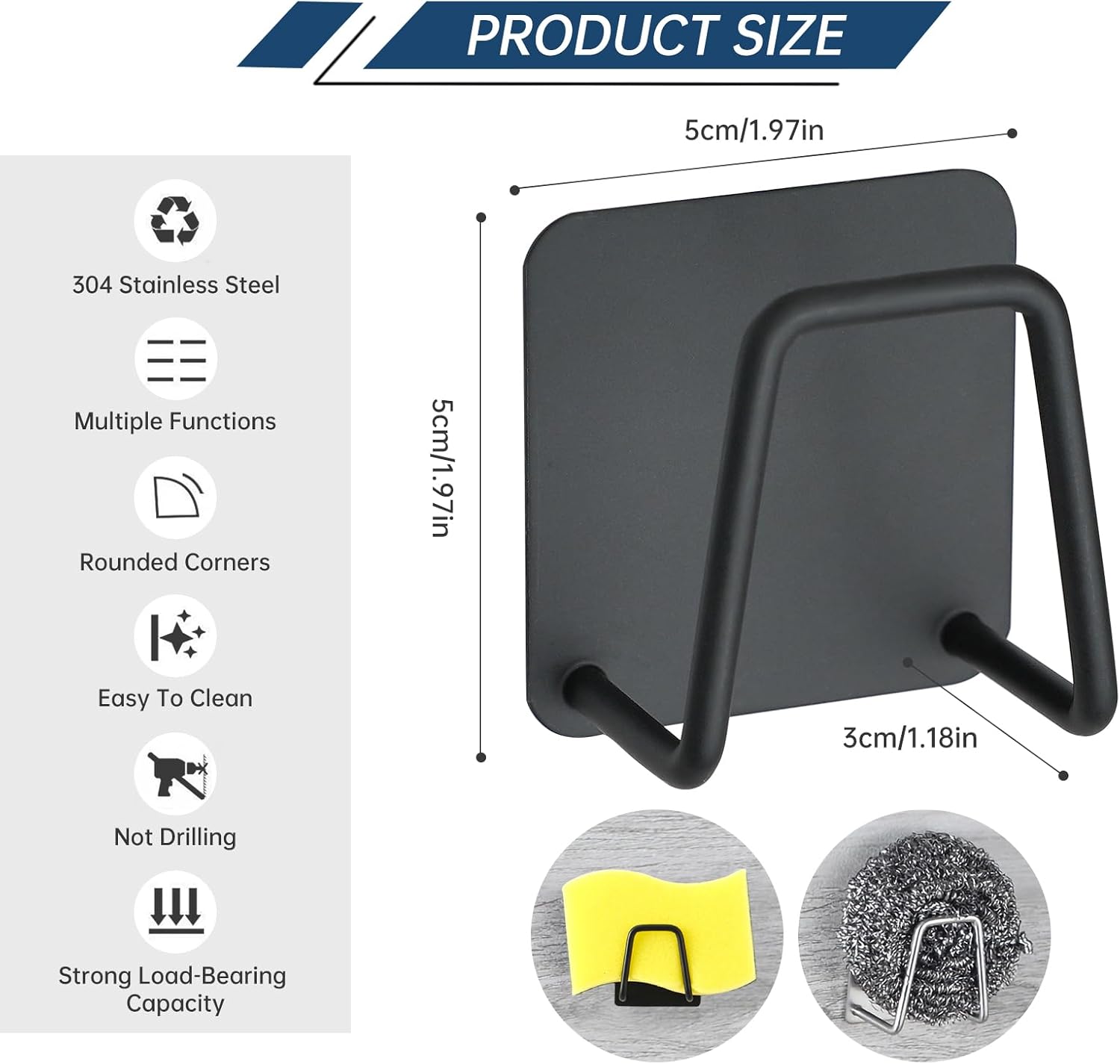 4Pcs Sponge Holder for Kitchen Sink, SUS304 Stainless Steel Adhesive Sink Rack, Rustproof & Waterproof Bathroom Accessories for Sponge Dishcloth Spatula Scissors Keys (Black) - Image 2