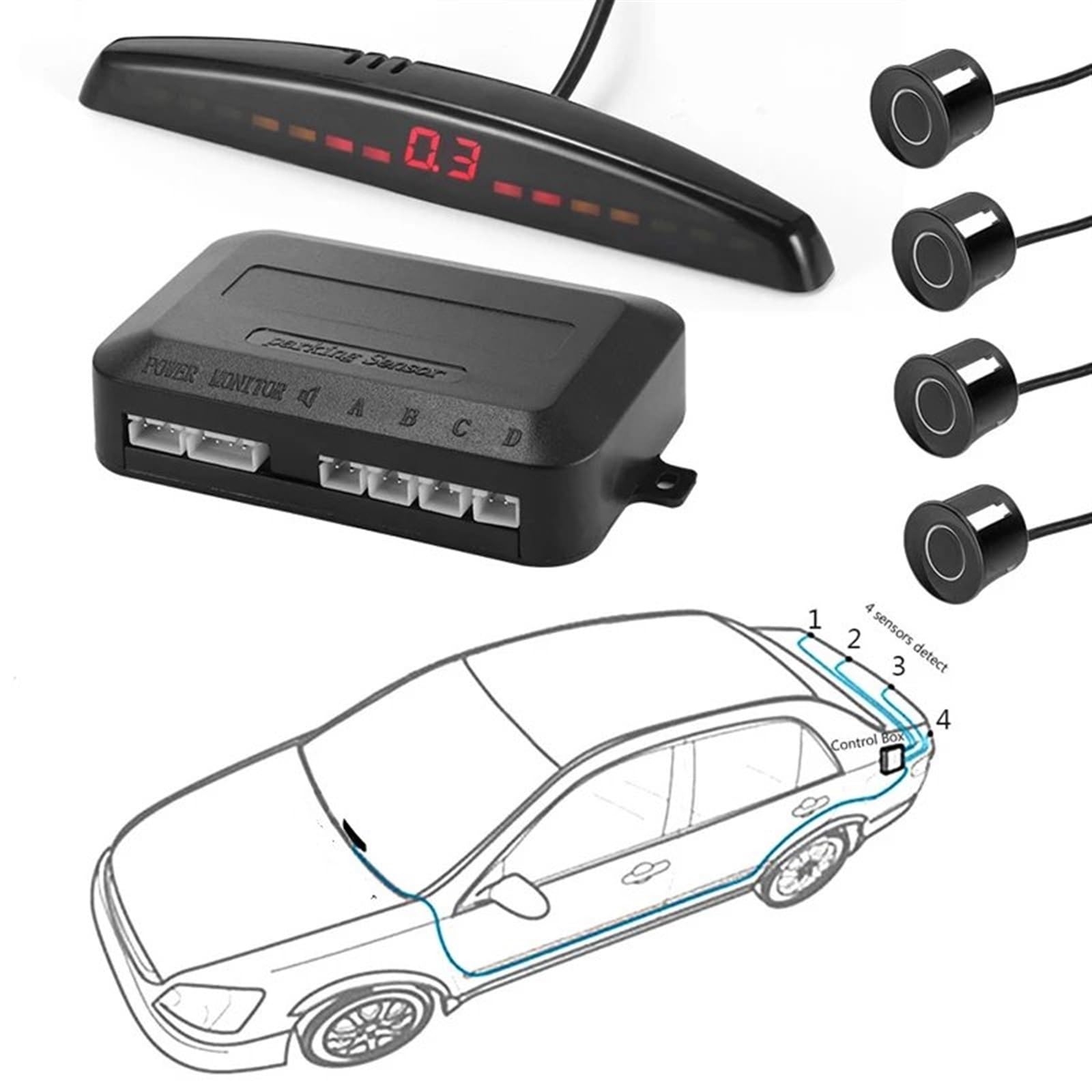 Radar De Recul Parktronic Détecteur Voiture Affichage LED Automatique Kit Capteur Stationnement Aide Inverse Moniteur Radar Secours Détecteur Voiture Stationnement Capteur de stationnement(Le noir)