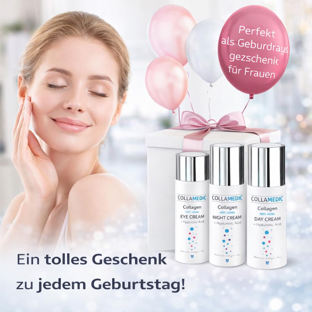Gesichtspflege Set – Tagescreme + Nachtcreme + Augencreme – Kollagen & Hyaluron Anti Aging Hautpflege Routine - Set kombiniert Tages-, Nacht- und Augenpflege