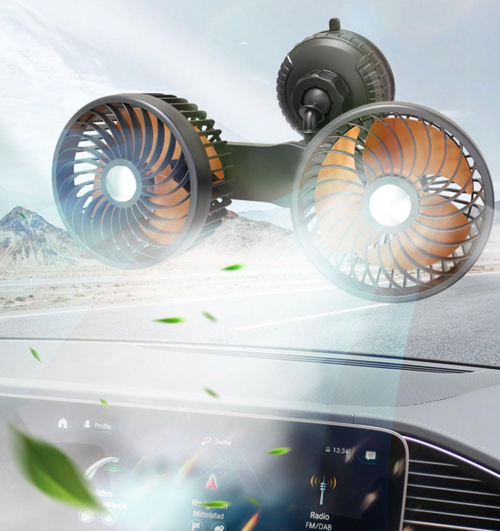 BININBOX 360° Drehbarer Doppelkopflüfter mit Saugnapf Universell 5/12/24V Geräuscharm 3 Geschwindigkeitsstufen für Auto und Tisch (5V (USB))