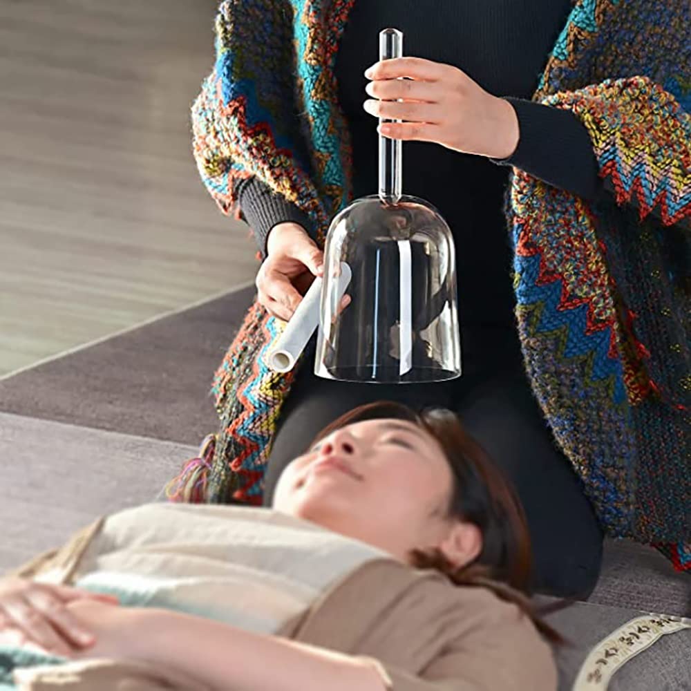 XBTGS Campana tibetana portatile in cristallo trasparente da 15,2 cm, per meditazione e yoga, manico in quarzo con custodia per il trasporto e martello in pelle scamosciata, nota 440hz-F