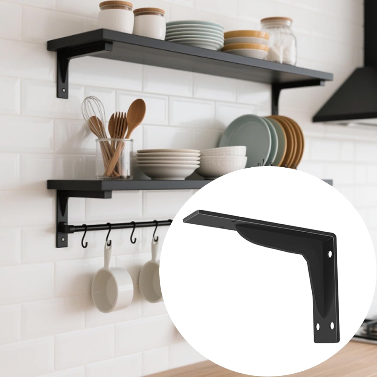 TopHomer Floating Shelf Bracket, Black Bracket for Shelves Heavy Duty L Wall Bracket Corner Brace, Joint Angle Brackets for Hanging Support, Easy to Install (4PCS 19cm/8in)