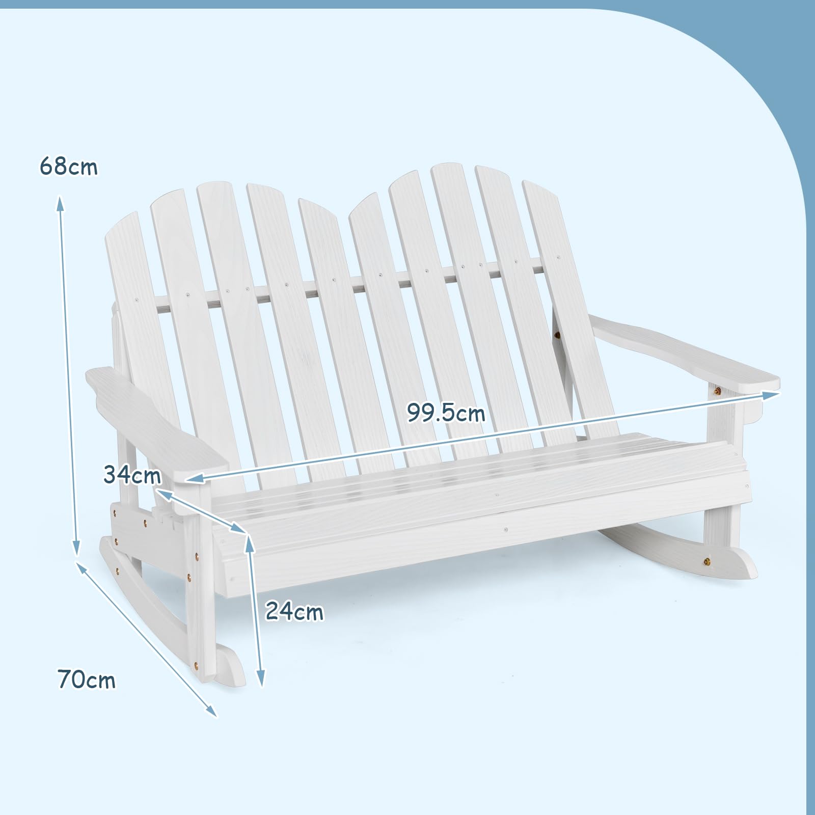 COSTWAY Sedia a Dondolo Adirondack per Bambini, in Legno di Abete, Panchina da Esterno 2 Posti con Dondolio Sicuro, Schienale Alto e Braccioli, Portata 100 kg, Dondolo da Giardino e Balcone (Bianco)