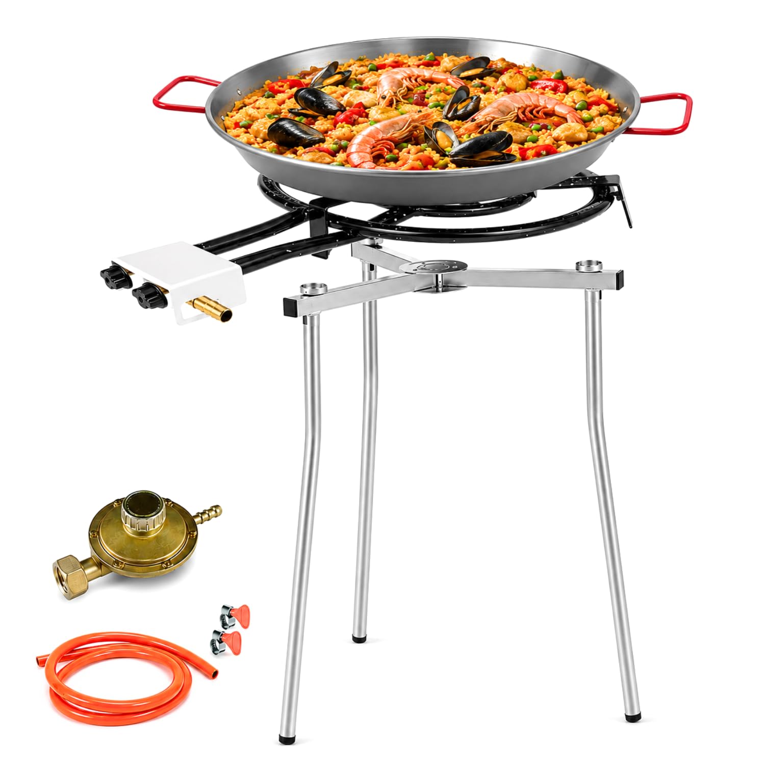 PALUPLUS Set Paellera Composto da: Cavalletto Treppiede Regolabile, Padella Paella da 46 cm, Bruciatore a Gas da 40 cm a 2 Fuochi e Regolatore di Pressione, per Cene ed Eventi