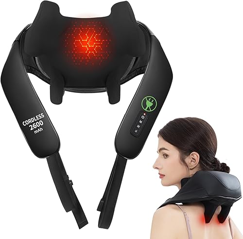 Shiatsu Masajeador de cuello y espalda con calor, mejorado 2600 mAh, masajeador de hombro inalámbrico de tejido profundo 6D, almohada de masaje para