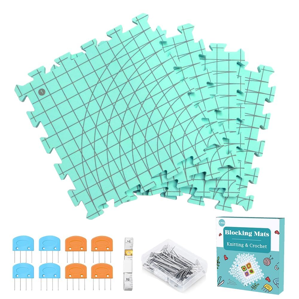 Knitiss 4 PCS Crochet Blocking Mats and Pins Set, 12.6'x12.6' Reusable Blocking Mats for Knitting & Crochet