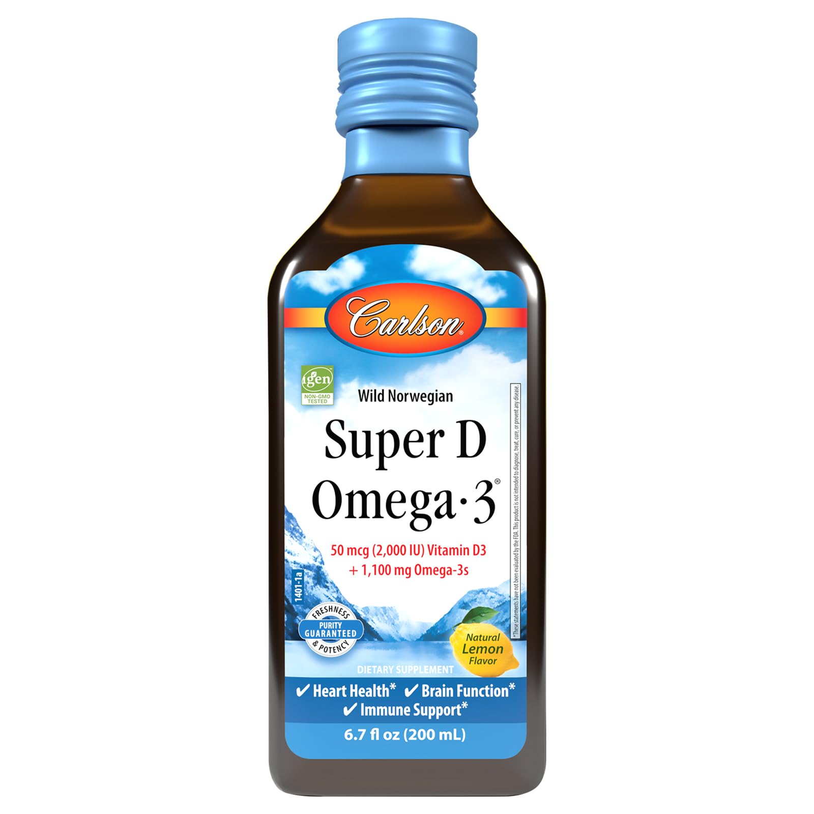 Carlson - Super D Omega-3, Wild Caught Norwegian Arctic Cod Oil, 2000 IU (50 mcg) Vitamin D3, 1100 mg Omega-3s, Sustainably Sourced Nordic Fish Oil Liquid, Lemo