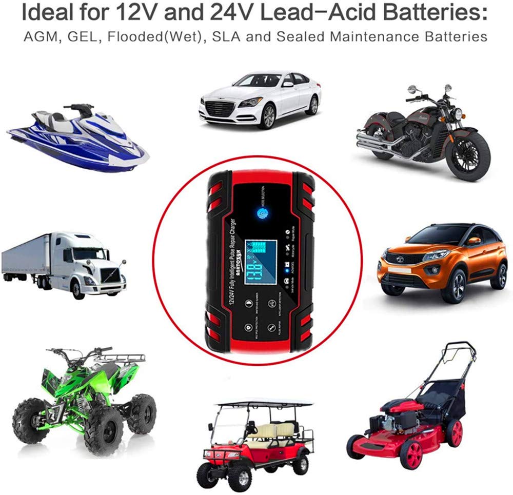 FOXSUR Automatic Smart Battery Charger/Maintainer 12V/24V 8Amp Pulse Repair Charger with LCD Display for Golf Cart Motorcycle Car Marine Truck Yacht Mower, Auto-Voltage Detection, Touch Charging Mode